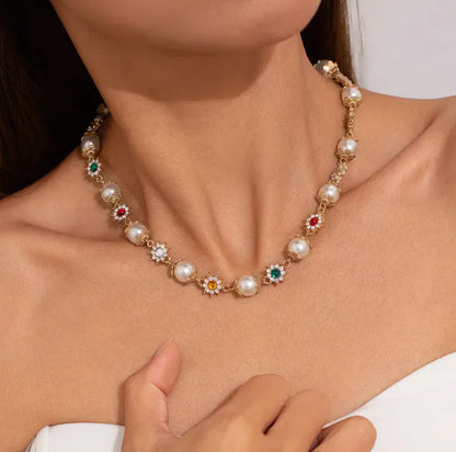 Saufé - Diamond Flower Pearl Necklace